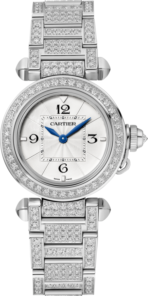 Reloj Pasha de Cartier30 mm, movimiento de cuarzo, oro blanco, diamantes