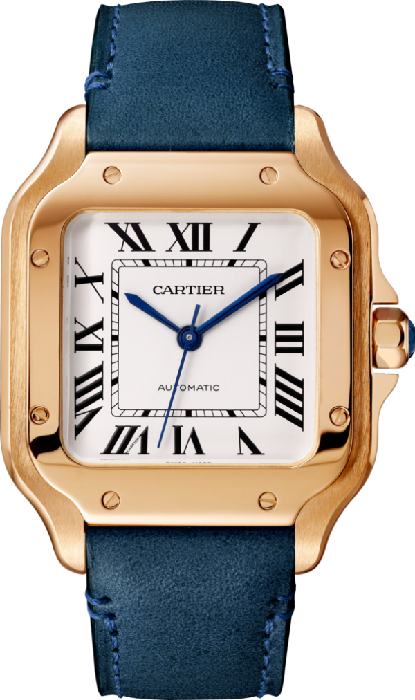 Reloj Santos de Cartier Tamaño mediano, movimiento automático, oro rosa, dos correas de piel intercambiables