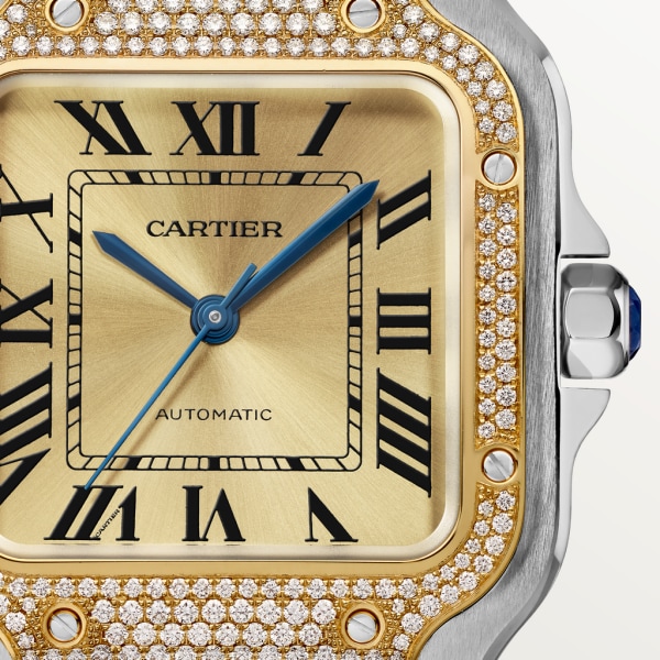 Reloj Santos de Cartier Tamaño mediano, movimiento automático, oro amarillo, acero, diamantes, brazalete de metal y correa de piel intercambiables