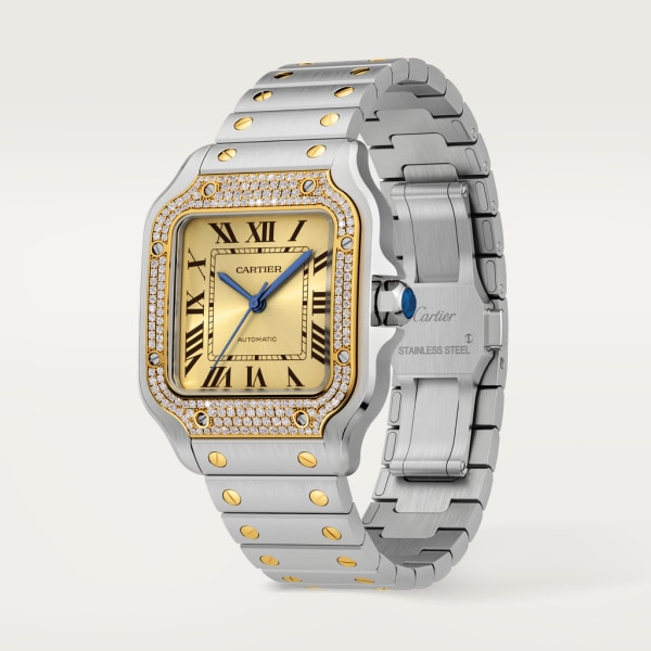 Reloj Santos de Cartier Tamaño mediano, movimiento automático, oro amarillo, acero, diamantes, brazalete de metal y correa de piel intercambiables