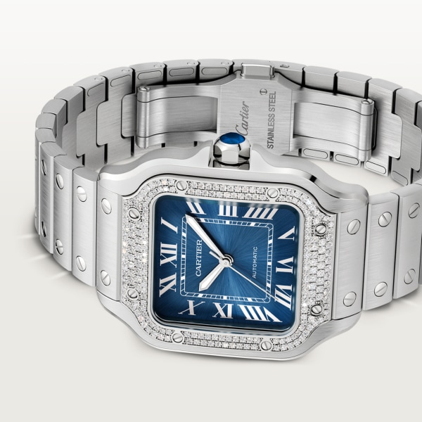Reloj Santos de Cartier Tamaño mediano, movimiento automático, acero, diamantes, esfera azul, brazalete de metal y correa de piel intercambiables