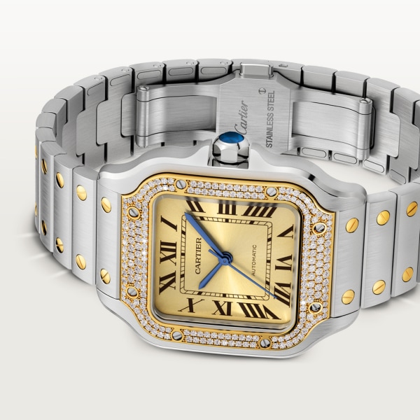 Santos de Cartier watch Medium model, automatic movement, 18K yellow gold, steel, diamonds, interchangeable metal and leather bracelets