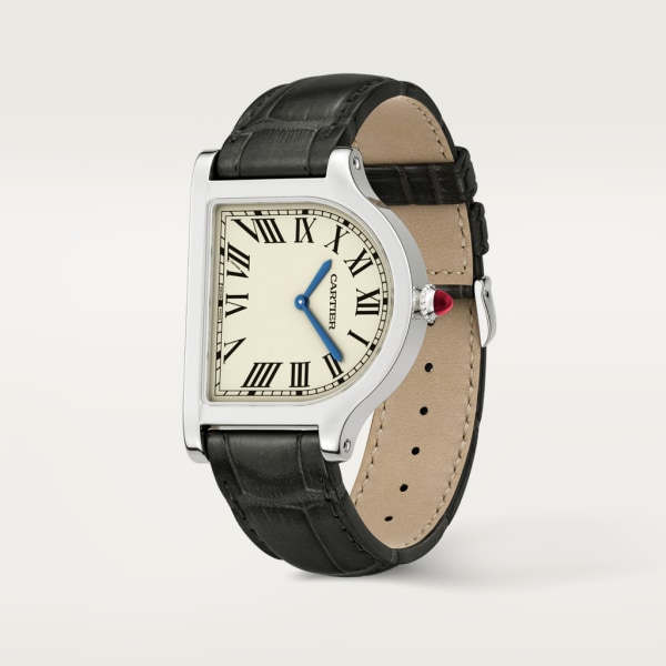 Cloche de Cartier watch Large model, hand-wound movement, platinum (950/1000), leather