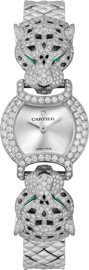 Reloj La Panthère de Cartier22,2 mm, movimiento de cuarzo, oro blanco rodiado, diamantes, esmeraldas, brazalete de metal