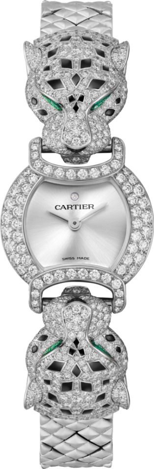 La Panthère de Cartier watch 22.2 mm, quartz movement, rhodium-finish white gold, diamonds, emeralds, metal strap