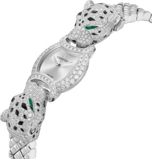 Reloj La Panthère de Cartier 22,2 mm, movimiento de cuarzo, oro blanco rodiado, diamantes, esmeraldas, brazalete de metal