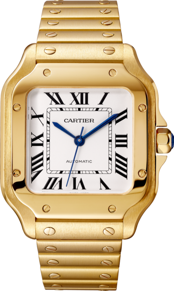 Santos de Cartier watch Medium model, automatic movement, yellow gold, interchangeable metal and leather bracelets
