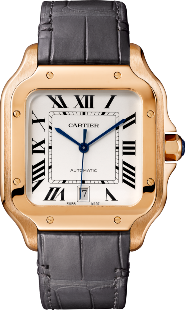 Reloj Santos de Cartier Tamaño grande, movimiento automático, oro rosa, dos correas de piel intercambiables