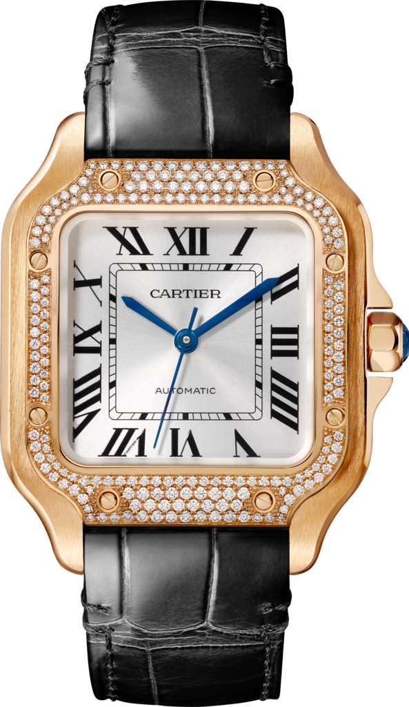 Reloj Santos de Cartier Tamaño mediano, movimiento automático, oro rosa, diamantes, dos correas de piel intercambiables