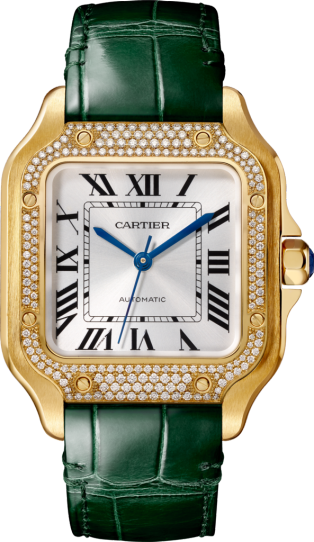 Montre Santos de Cartier Moyen modèle, mouvement automatique, or jaune, diamants, 2 bracelets cuir interchangeables