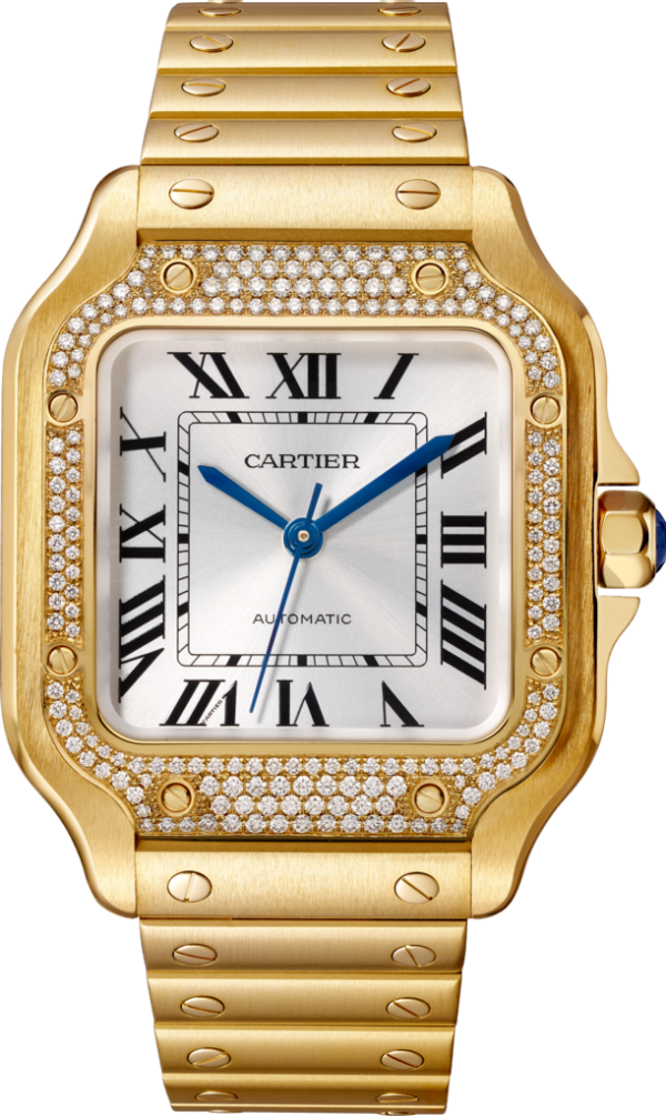 Reloj Santos de Cartier Tamaño mediano, movimiento automático, oro amarillo, diamantes, brazalete de metal y correa de piel intercambiables