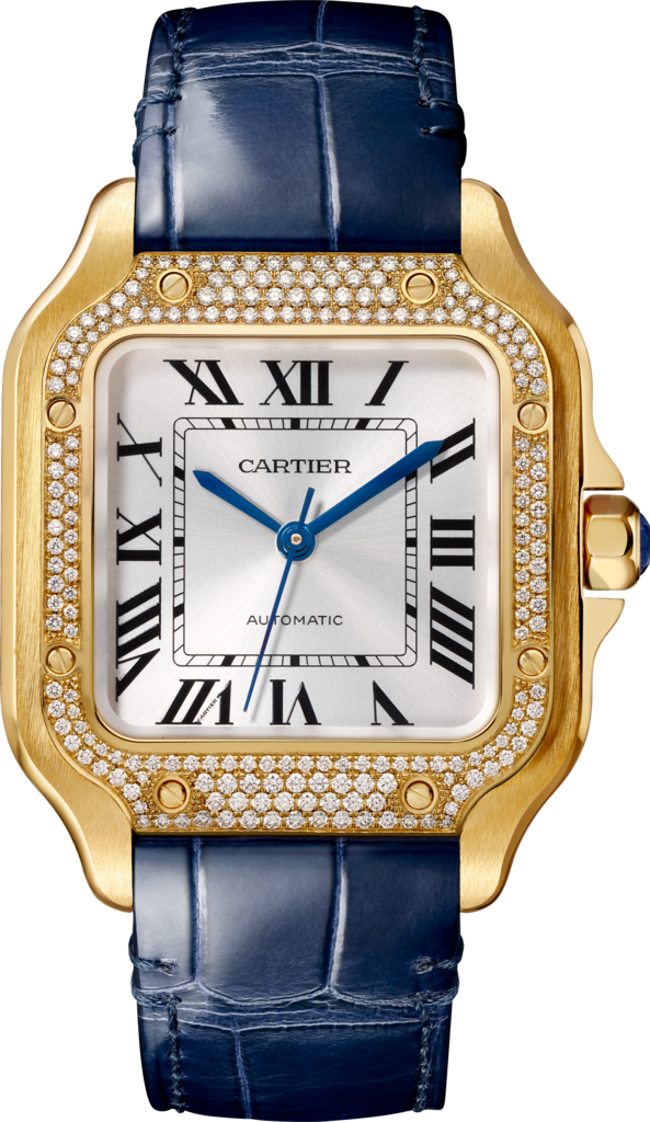 Montre Santos de Cartier Moyen modèle, mouvement automatique, or jaune, diamants, bracelets métal et cuir interchangeables