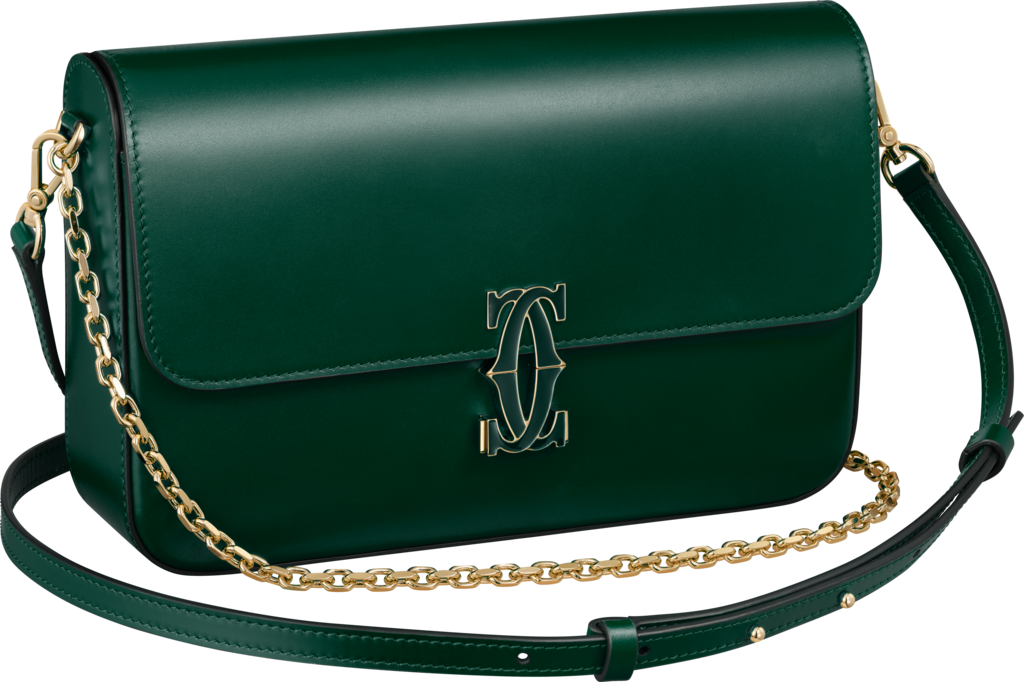 Chain bag small model, Double C de CartierDark green calfskin, gold and dark green enamel finish
