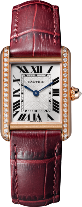 Reloj Tank Louis Cartier Tamaño pequeño, movimiento mecánico de cuerda manual, oro rosa, diamantes, piel