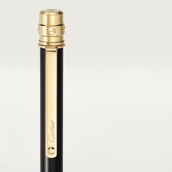 Bolígrafo Santos de Cartier Tamaño pequeño, laca negra, acabado dorado