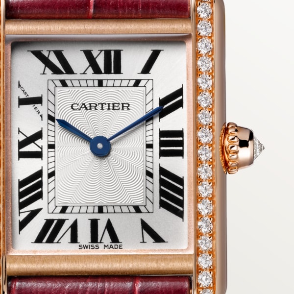 Reloj Tank Louis Cartier Tamaño pequeño, movimiento mecánico de cuerda manual, oro rosa, diamantes, piel