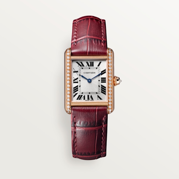 Reloj Tank Louis Cartier Tamaño pequeño, movimiento mecánico de cuerda manual, oro rosa, diamantes, piel