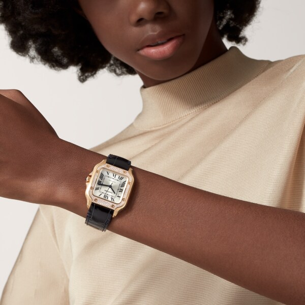 Santos de Cartier watch Medium model, automatic movement, yellow gold, diamonds, 2 interchangeable leather bracelets