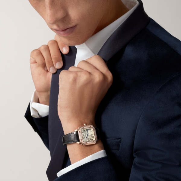Montre Santos de Cartier Moyen modèle, mouvement automatique, or rose, diamants, 2 bracelets cuir interchangeables