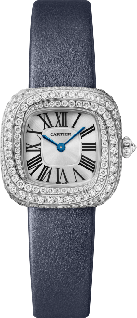 Reloj Coussin de CartierTamaño pequeño, movimiento de cuarzo, oro blanco rodiado , diamantes, piel