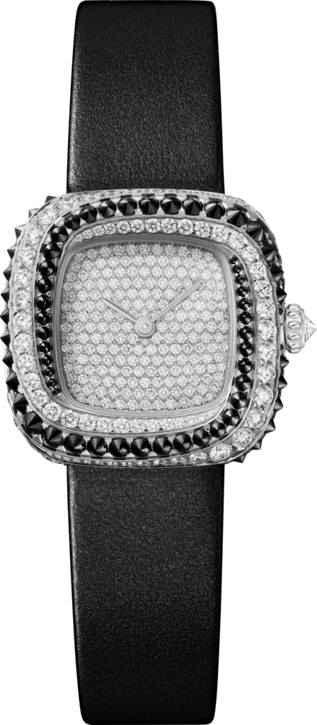 Reloj Coussin de CartierTamaño pequeño, movimiento de cuarzo, oro blanco rodiado , diamantes, espinelas, piel