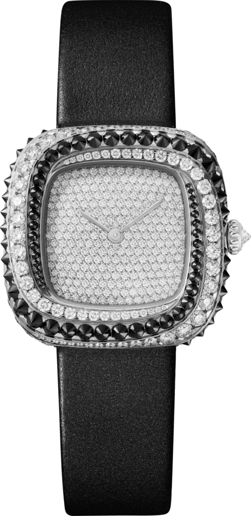 Reloj Coussin de CartierTamaño mediano, movimiento de cuarzo, oro blanco rodiado , diamantes, espinelas, piel
