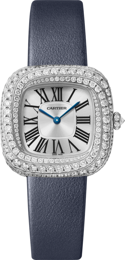 Reloj Coussin de CartierTamaño mediano, movimiento de cuarzo, oro blanco rodiado , diamantes, piel
