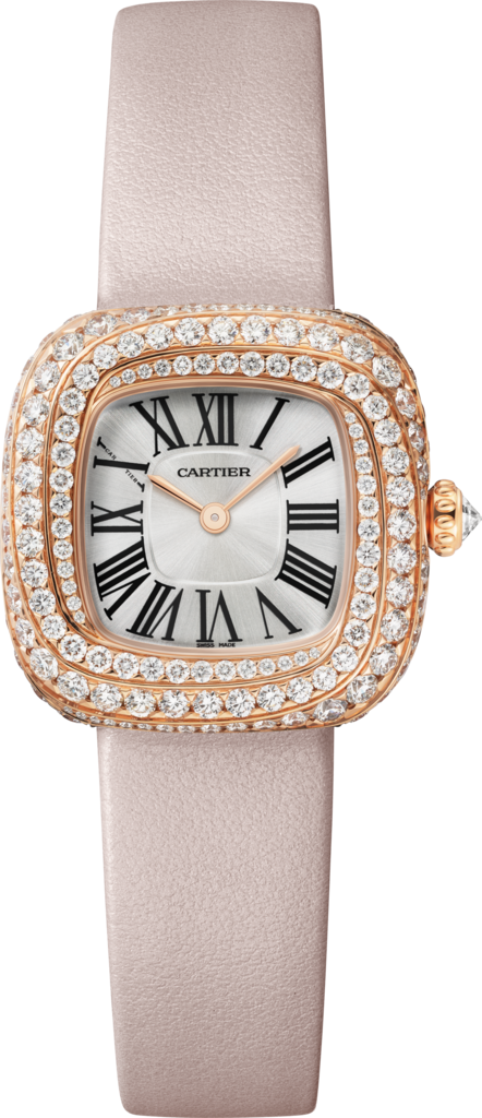 Reloj Coussin de CartierTamaño pequeño, movimiento de cuarzo, oro rosa , diamantes, piel