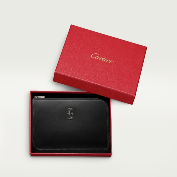 Pouch small model, C de Cartier Black calfskin, gold and black enamel finish
