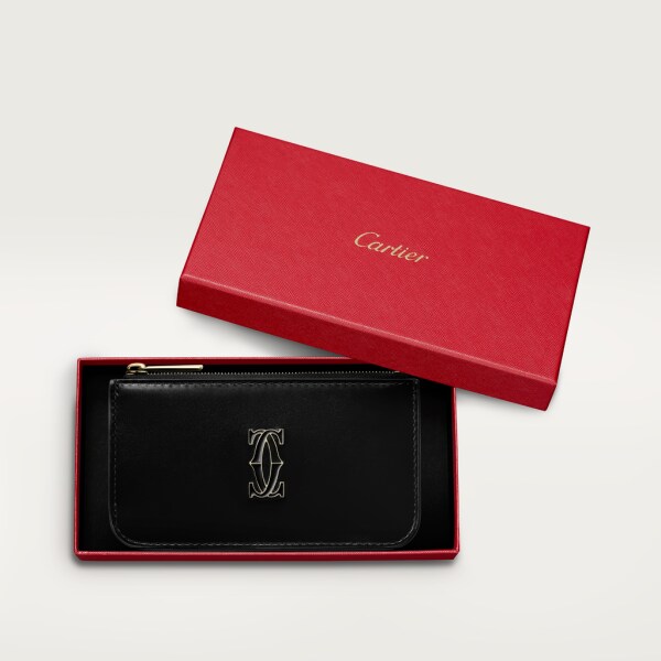 Zipped card holder, Double C de Cartier Black calfskin, gold and black enamel finish