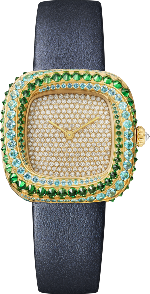 Reloj Coussin de CartierTamaño mediano, movimiento de cuarzo, oro amarillo, diamantes, turmalinas, tsavoritas, piel