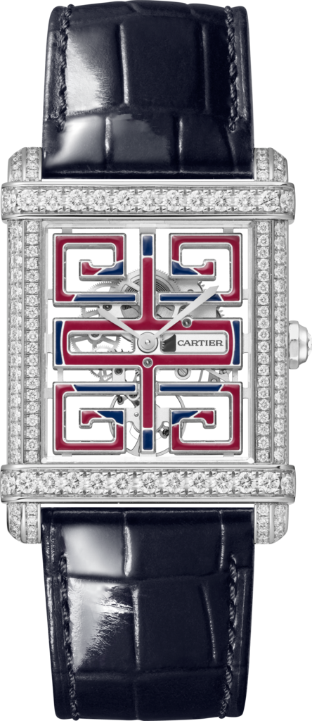 Reloj Tank ChinoiseTamaño grande, movimiento mecánico de cuerda manual esqueleto, platino, diamantes, piel