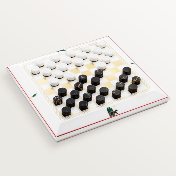 Draughts set with panther motif Lacquered wood and marble