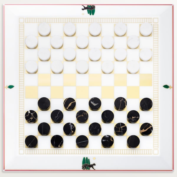 Draughts set with panther motif Lacquered wood and marble