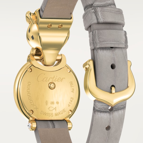 Reloj La Panthère de Cartier Tamaño pequeño, movimiento de cuarzo, oro amarillo, diamantes, tsavoritas, laca, piel