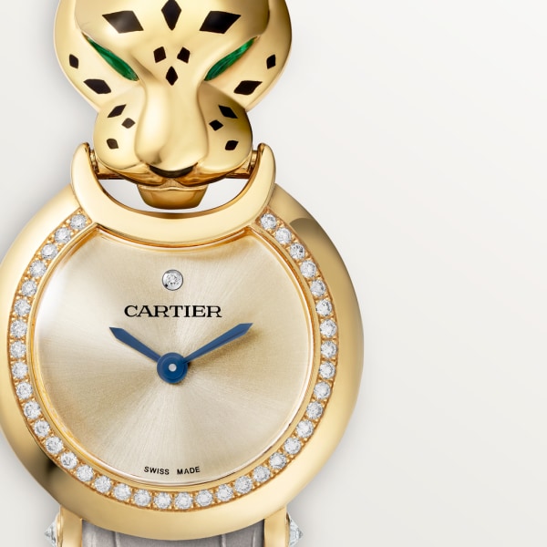 Uhr La Panthère de Cartier Kleines Modell, Quarzwerk, Gelbgold, Diamanten, Tsavorite, Lack, Leder