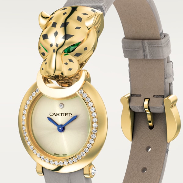 Montre La Panthère de Cartier Petit modèle, mouvement quartz, or jaune, diamants, tsavorites, laque, cuir