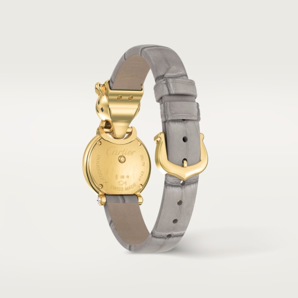 Reloj La Panthère de Cartier Tamaño pequeño, movimiento de cuarzo, oro amarillo, diamantes, tsavoritas, laca, piel