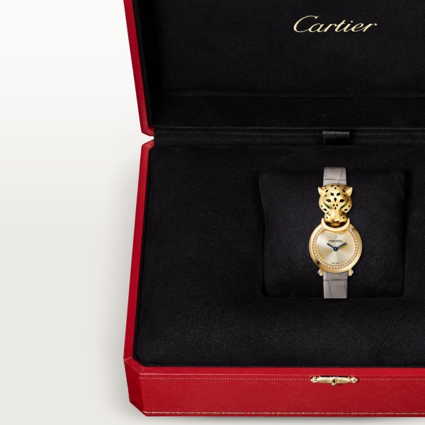 Montre La Panthère de Cartier Petit modèle, mouvement quartz, or jaune, diamants, tsavorites, laque, cuir