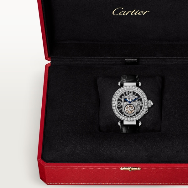 Pasha de Cartier watch 41 mm, hand-wound mechanical movement, white gold, diamonds, 2 interchangeable leather straps