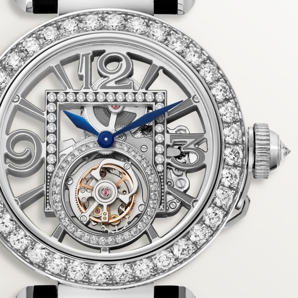 Pasha de Cartier watch 41 mm, hand-wound mechanical movement, white gold, diamonds, 2 interchangeable leather straps