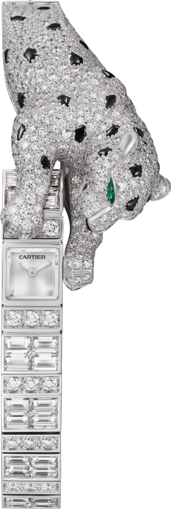 Reloj Joaillère Panthère26,98 mm x 8 mm, movimiento manual, oro blanco, diamantes, esmeraldas, ónix negro