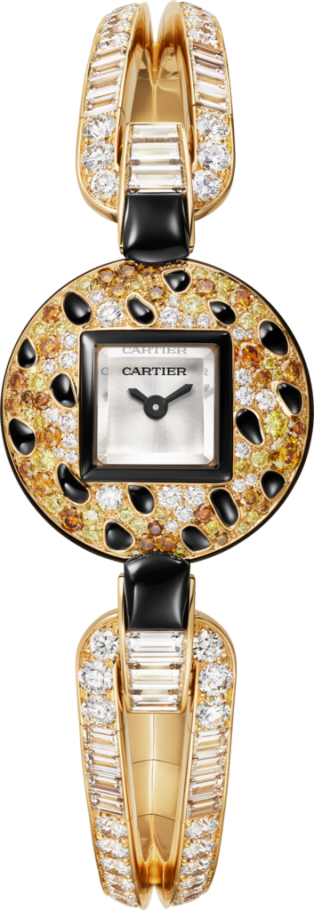 Panthère Jewellery Watches 21.66 mm, quartz movement, yellow gold, rose gold, diamonds, onyx