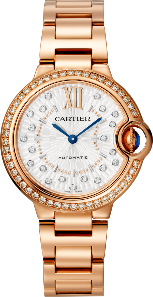 Reloj Ballon Bleu de Cartier33 mm, movimiento mecánico de carga automática, oro rosa, diamantes.