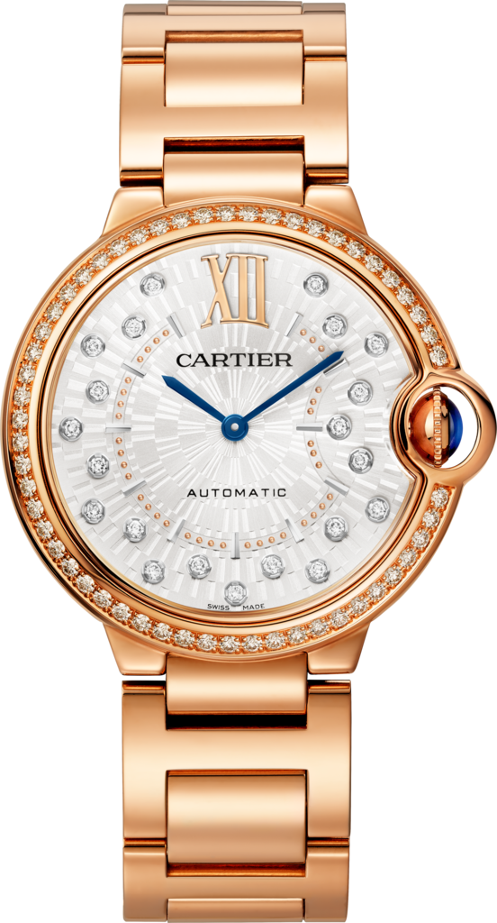 Reloj Ballon Bleu de Cartier36 mm, movimiento mecánico de carga automática, oro rosa, diamantes.