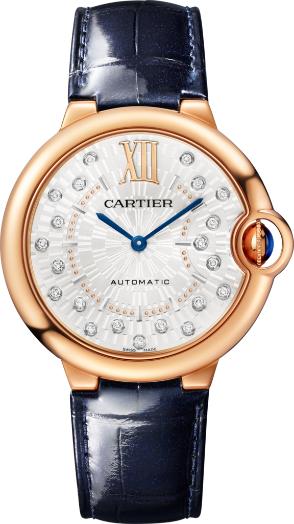 Reloj Ballon Bleu de Cartier36 mm, movimiento mecánico de carga automática, oro rosa, diamantes, piel