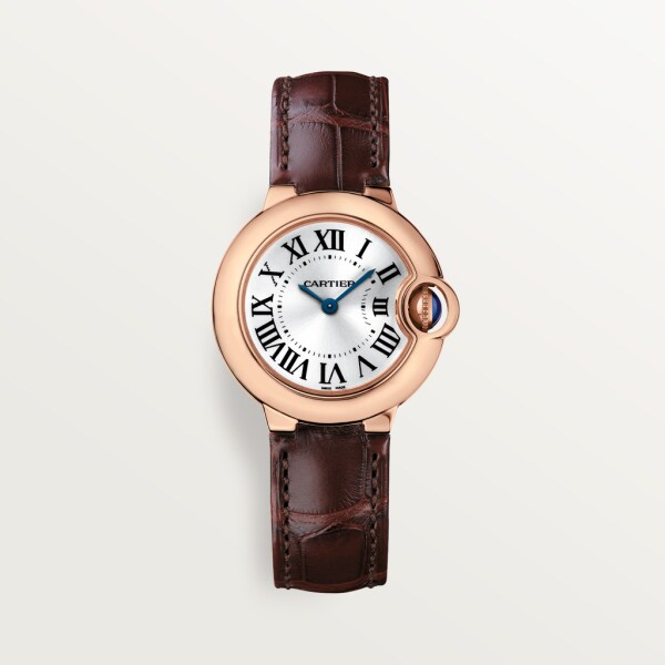 Reloj Ballon Bleu de Cartier 28 mm, movimiento de cuarzo, oro rosa, piel