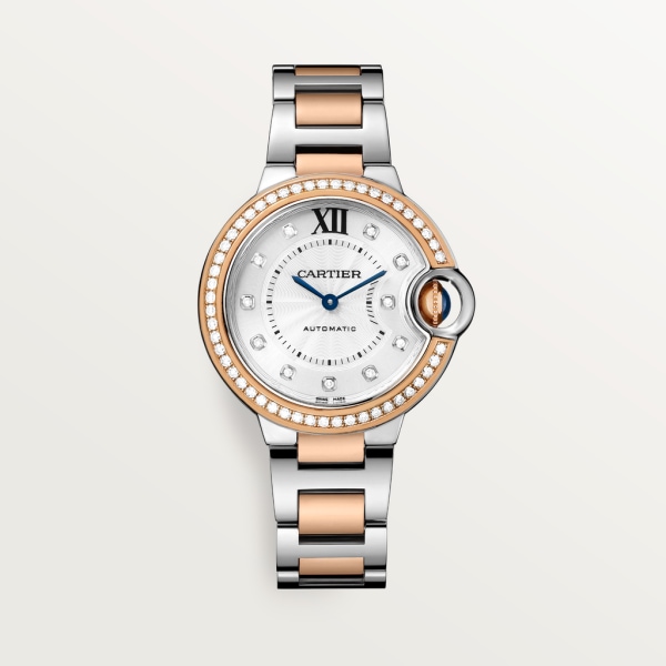 Ballon Bleu de Cartier watch 33mm, automatic movement, rose gold, steel, diamonds