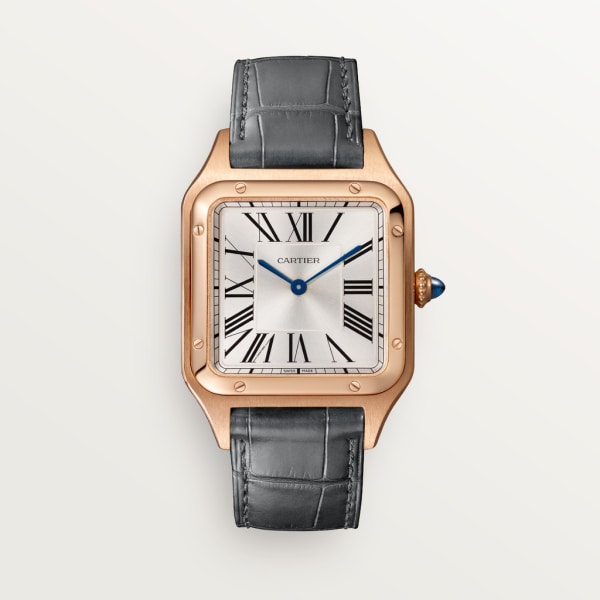 Reloj Santos-Dumont Tamaño grande, movimiento de cuarzo, oro rosa, piel
