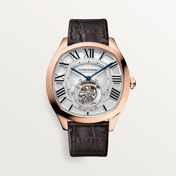 Reloj Drive de Cartier Tourbillon Volante Tamaño grande, movimiento mecánico de cuerda manual, oro rosa, piel